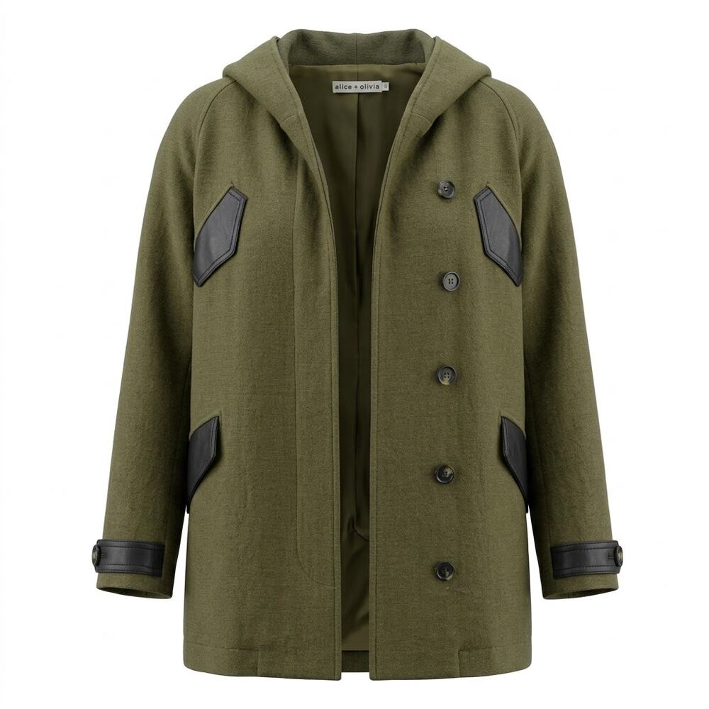 Alice + Olivia Faux Leather Green Knit Hooded Lined Jacket Women Size XS